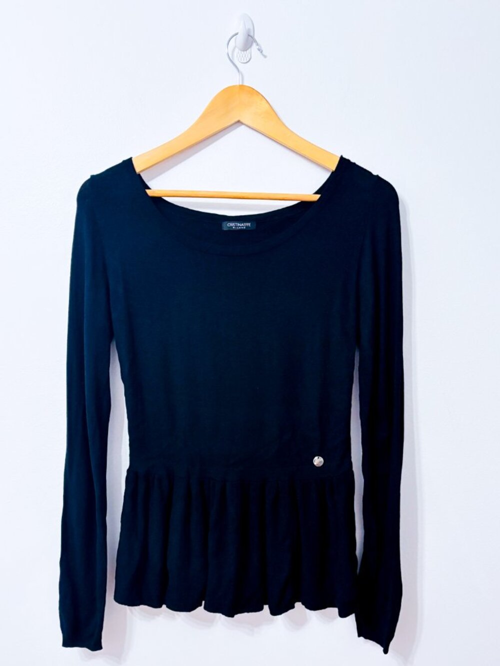 CRISTINAEFFE Black Ruffle Hem Long Sleeve Knit Peplum Top Size 42 IT